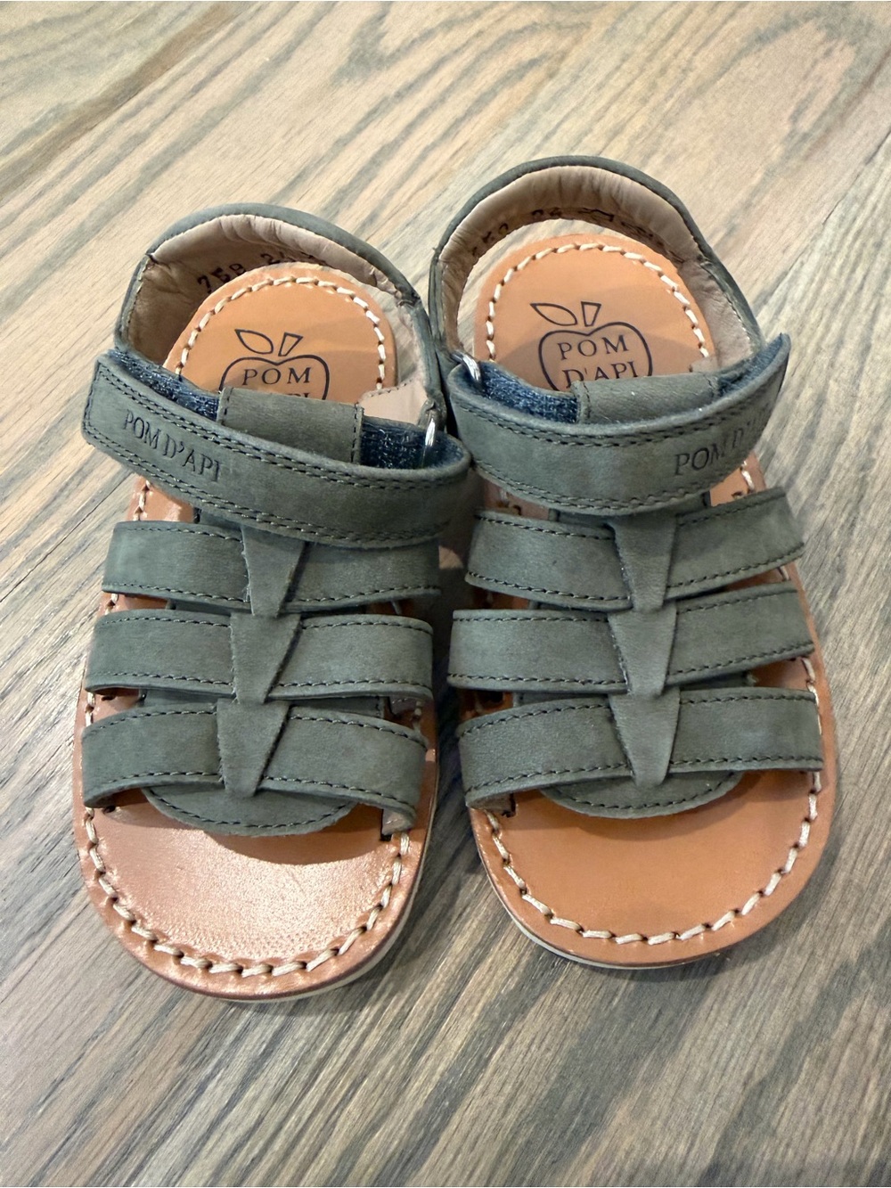 Pom D'Api Olive Green Leather Strap Toddler Sandals